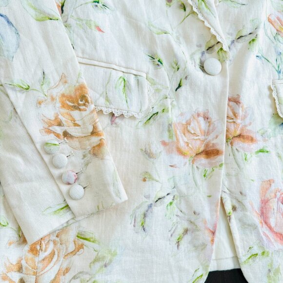 LoveShackFancy Ofra Linen Blazer Cream Burnt Orange Multi Floral Size Small NWT - Picture 9 of 15